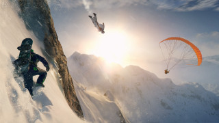 Man climbing snowy mountain parachute - another man free wallpaper