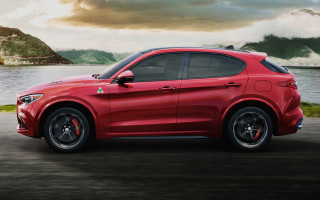 Red alfa suv mountains road - a body of water and mountains free wallpaper