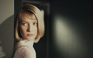 Blonde woman white blouse dark - purism free wallpaper