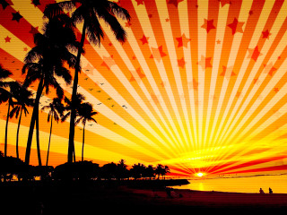 Sunset palm trees beach starburst - a matte painting free wallpaper for desktop