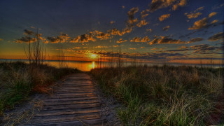 Boardwalk beach sunset sky clouds - a matte painting free wallpaper