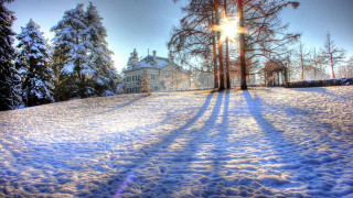 Snow covered field house trees - the sun free wallpaper