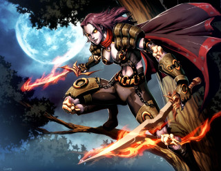 Woman costume climbing tree sword - full free wallpaper