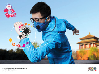 Man blue jacket mask clock - international typographic style free wallpaper