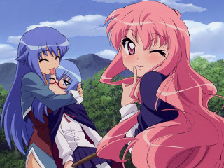 Anime girls pink hair blue 11 - the background and trees free wallpaper