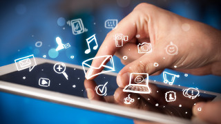 Person tablet icons touching screen - a wireframe diagram free wallpaper