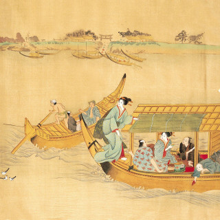 Boat people man dog ukiyo - the water free wallpaper
