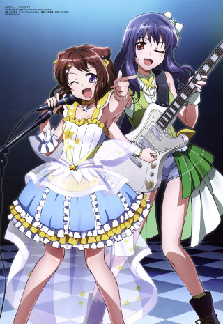 Anime girls guitars microphone hands - one holding free wallpaper