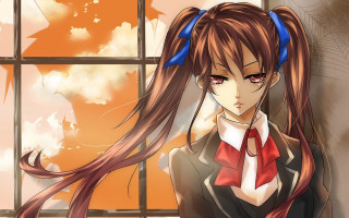 Anime girl long hair red - a red bow free wallpaper