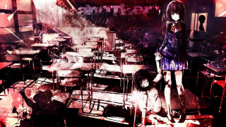 Girl standing room tables chairs - a red light behind her free wallpaper