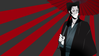 Red umbrella man japanese kimono - flat color free wallpaper