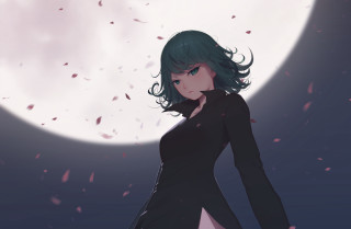 Black dress moon green hair - dark background free wallpaper