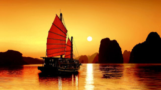 Boat red sails sunset mountains - arthur pan free wallpaper