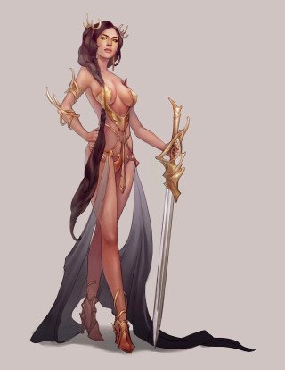 Woman costume sword horns head - league of legends concept art free wallpaper