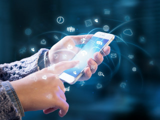 Person smartphone icons touching hands - smart free wallpaper