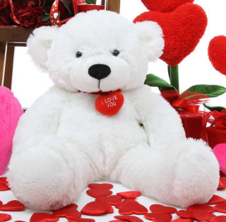 White teddy bear hearts flowers - a red heart free wallpaper