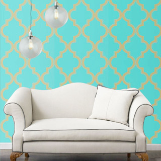White couch blue wall pattern - art deco free wallpaper