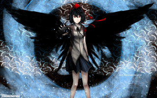 Woman black dress wings blue - red eye free wallpaper