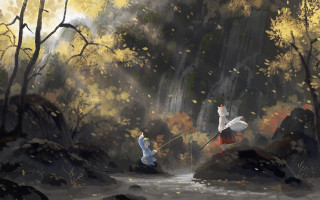 Women fishing stream forest trees - a painting free wallpaper