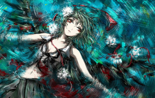 Green haired woman red eyes - neoexpressionism free wallpaper
