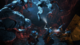 Zombies cave flashlight man suit - his knee free wallpaper