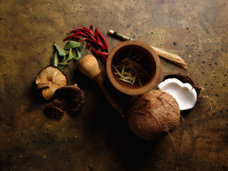 Wooden bowl green tea mushrooms - professional food photography free wallpaper
