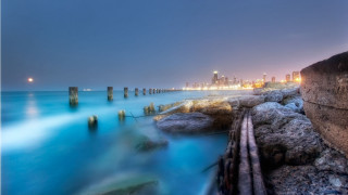 City skyline ocean night long 2 - city background free wallpaper