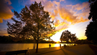 Sunset lake people walking trees 2 - hudson river school free wallpaper