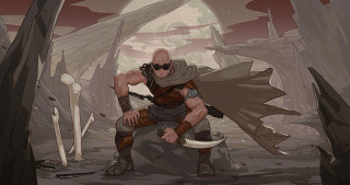 Man costume kneeling sword giant - epic fantasy character art free wallpaper