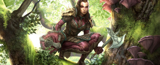 Woman red dress tree stump - altermodern free wallpaper