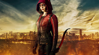 Woman red hoodie city skyline - a red hoodie free wallpaper