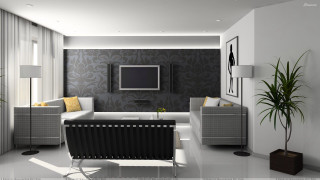 Livingroom tv couch center plant - modern european ink painting free wallpaper