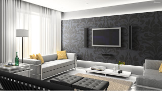 Livingroom couch chair table tv - curtain free wallpaper