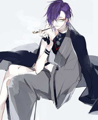 Man purple hair chair smoking - his mouth free wallpaper