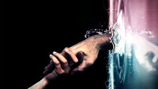 Hand reaching wall touch water - water free wallpaper