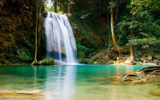 Waterfall bridge forest lake sky 2 - impressionist free wallpaper