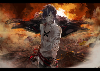 Man sword fire sky bird - overhead in the background free wallpaper