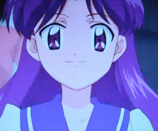 Purple haired girl sad eyes - a purple background free wallpaper
