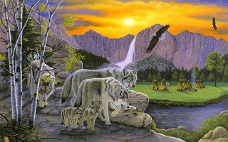Wolf family mountain waterfall bird - a waterfall in the background free wallpaper