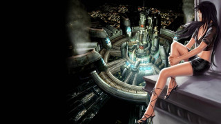 Woman sitting ledged cityscape futuristic - a ledge in front free wallpaper