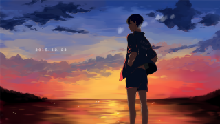 Woman beach sunset sea sky - atey ghailan free wallpaper
