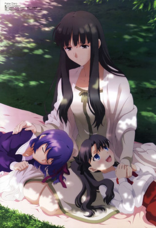 Girls sitting lush green field - ufotable free wallpaper