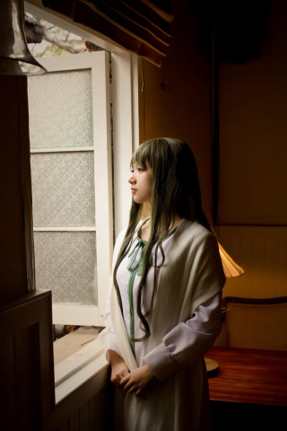 Woman standing window looking out - outside free wallpaper