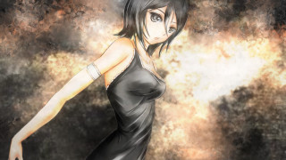 Woman black dress dark background - half body free wallpaper