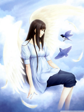 Woman sitting cloud bird flying - above her free wallpaper