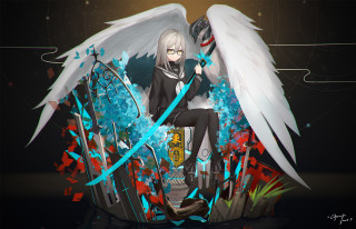 Woman wings bench sword sitting - art station free wallpaper