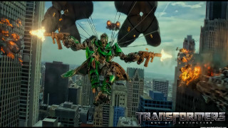 Man flying giant robot city - fire and smoke free wallpaper