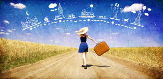Woman suitcase dirtroad town sky - liminal space free wallpaper