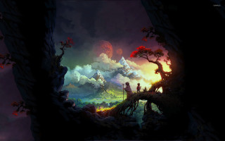 Man woman cliff valley full - a painting of a man and woman free wallpaper