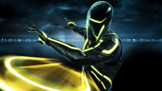 Futuristic man black suit yellow - cybernetic free wallpaper